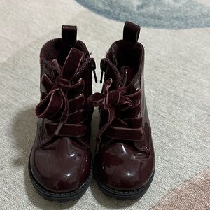H&M Kids Burgundy Patent Ankle Boots with Velvet Bow Laces